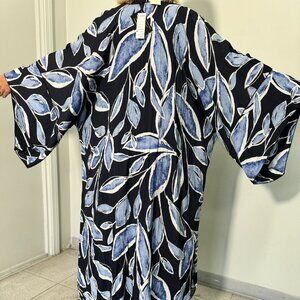 K-O.ME Handmade Linen Long Jacket With Blue Leaf Pattern